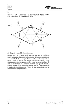 Espírito Santo
_________________________________________________________________________________________________
__
_________________________________________________________________________________________________
__
CST
12 Companhia Siderúrgica de Tubarão
TRAÇAR UM LOSANGO E INSCREVER NELE UMA
CIRCUNFERÊNCIA EM PERSPECTIVA
AB diagonal maior. CD diagonal menor.
Ligar A com C e A com D. Ligar B com C e B com D, formando
assim o losango. Dividir ao meio os lados do losango marcando
os pontos E, F, G e H. Ligar D com E e C com G, marcando o
ponto I. Ligar D com F e C com H, marcando o ponto J. Em
seguida, centrar o compasso em D e traçar um arco que ligue E
com F. Centrar em C e traçar outro arco que ligue G com H.
Centrar em I e traçar um arco que ligue G com E. Centrar em J
e traçar outro arco que ligue F com H, ficando assim pronta a
circunferência em perspectiva.
Fig. 11
 