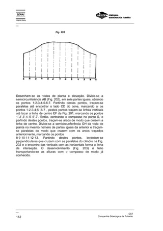 Espírito Santo
_________________________________________________________________________________________________
__
_________________________________________________________________________________________________
__
CST
112 Companhia Siderúrgica de Tubarão
Desenham-se as vistas de planta e elevação. Divide-se a
semicircunferência AB (Fig. 202), em sete partes iguais, obtendo
os pontos 1-2-3-4-5-6-7. Partindo destes pontos, traçam-se
paralelas até encontrar o lado CD do cone, marcando ai os
pontos 1-2-3-4-5 -6-7 . pestes pontos traçam-se linhas verticais
até tocar a linha de centro EF da Fig. 201, marcando os pontos
1'-2'-3'-4'-5'-6'-7'. Então, centrando o compasso no ponto S, e
partindo destes pontos, traçam-se arcos de modo que cruzem a
linha de centro. Divide-se a semicircunferência GH da vista de
planta no mesmo número de partes iguais da anterior e traçam-
se paralelas de modo que cruzem com os arcos traçados
anteriormente, marcando os pontos
8-9-10-11-12-13. Partindo destes pontos, levantam-se
perpendiculares que cruzem com as paralelas do cilindro na Fig.
202 e o encontro das verticais com as horizontais forma a linha
de interseção. O desenvolvimento (Fig. 203) é feito
transportando-se as alturas com o compasso de modo já
conhecido.
Fig. 203
 