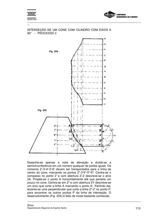 Espírito Santo
_________________________________________________________________________________________________
__
_________________________________________________________________________________________________
__
SENAI
Departamento Regional do Espírito Santo 113
INTERSEÇÃO DE UM CONE COM CILINDRO COM EIXOS A
90° - PROCESSO 2
Desenha-se apenas a vista de elevação e divide-se a
semicircunferência em um número qualquer de partes iguais. Os
números 2'-3'-4'-5'-6' devem ser transportados para a linha de
centro do cone, marcando os pontos 2"-3"4"-5"-6". Centra-se o
compasso no ponto 2' e com abertura 2'-2 descreve-se o arco
2A. Projeta-se o ponto A horizontalmente até que penetre um
pouco no cone. Centra-se em 2" e com abertura 2Y descreve-se
um arco que corte a linha A marcando o ponto A'. Partindo dai,
levanta-se uma perpendicular que corte a linha 2"-2' no ponto P,
para encontrar os outros pontos P da linha de interseção. O
desenvolvimento (Fig. 204) é feito de modo bastante conhecido.
Fig. 204
Fig. 205
 