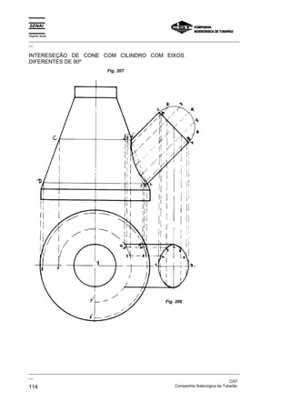 Espírito Santo
_________________________________________________________________________________________________
__
_________________________________________________________________________________________________
__
CST
114 Companhia Siderúrgica de Tubarão
INTERESEÇÃO DE CONE COM CILINDRO COM EIXOS
DIFERENTES DE 90º
Fig. 207
Fig. 206
 