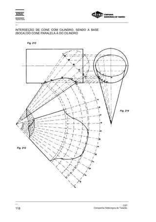 Espírito Santo
_________________________________________________________________________________________________
__
_________________________________________________________________________________________________
__
CST
118 Companhia Siderúrgica de Tubarão
INTERSEÇÃO DE CONE COM CILINDRO, SENDO A BASE
(BOCA) DO CONE PARALELA À DO CILINDRO
Fig. 213
Fig. 214
Fig. 212
 