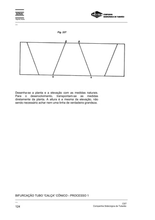 Espírito Santo
_________________________________________________________________________________________________
__
_________________________________________________________________________________________________
__
CST
124 Companhia Siderúrgica de Tubarão
Desenha-se a planta e a elevação com as medidas naturais.
Para o desenvolvimento, transpontam-se as medidas
diretamente da planta. A altura é a mesma da elevação, não
sendo necessário achar nem uma linha de verdadeira grandeza.
BIFURCAÇÃO TUBO “CALÇA” CÔNICO - PROCESSO 1
Fig. 227
 