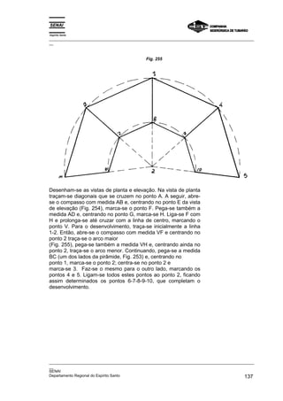 Espírito Santo
_________________________________________________________________________________________________
__
_________________________________________________________________________________________________
__
SENAI
Departamento Regional do Espírito Santo 137
Desenham-se as vistas de planta e elevação. Na vista de planta
traçam-se diagonais que se cruzem no ponto A. A seguir, abre-
se o compasso com medida AB e, centrando no ponto E da vista
de elevação (Fig. 254), marca-se o ponto F. Pega-se também a
medida AD e, centrando no ponto G, marca-se H. Liga-se F com
H e prolonga-se até cruzar com a linha de centro, marcando o
ponto V. Para o desenvolvimento, traça-se inicialmente a linha
1-2. Então, abre-se o compasso com medida VF e centrando no
ponto 2 traça-se o arco maior
(Fig. 255), pega-se também a medida VH e, centrando ainda no
ponto 2, traça-se o arco menor. Continuando, pega-se a medida
BC (um dos lados da pirâmide, Fig. 253) e, centrando no
ponto 1, marca-se o ponto 2; centra-se no ponto 2 e
marca-se 3. Faz-se o mesmo para o outro lado, marcando os
pontos 4 e 5. Ligam-se todos estes pontos ao ponto 2, ficando
assim determinados os pontos 6-7-8-9-10, que completam o
desenvolvimento.
Fig. 255
 