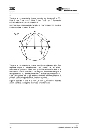 Espírito Santo
_________________________________________________________________________________________________
__
_________________________________________________________________________________________________
__
CST
16 Companhia Siderúrgica de Tubarão
Traçada a circunferência, traçar também as linhas AB e CD.
Ligar A com C e A com D. Ligar B com C e B com D, formando
o quadrado dentro da circunferência .
DIVIDIR UMA CIRCUNFERÊNCIA EM CINCO PARTES IGUAIS
E INSCREVER O PENTÁGONO
Traçada a circunferência, traçar também o diâmetro AB. Em
seguida traçar a perpendicular CD. Dividir DB ao meio,
marcando o ponto E. Com uma ponta do compasso em E e
outra em C, traçar o arco CF. Em seguida, com abertura igual à
reta pontilhada FC e uma ponta em C, marcar os pontos G e H.
Com uma ponta em G (e mesma abertura anterior) marcar o
ponto I. Com uma ponta em H, marque o ponto J.
Ligar C com H, H com J, J com I, I com G, G com C, ficando
assim pronto o pentágono dentro da circunferência.
Fig. 17
 