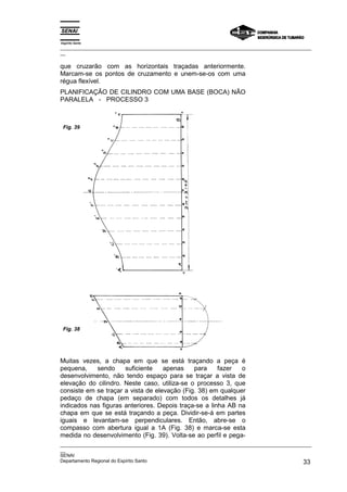Espírito Santo
_________________________________________________________________________________________________
__
_________________________________________________________________________________________________
__
SENAI
Departamento Regional do Espírito Santo 33
que cruzarão com as horizontais traçadas anteriormente.
Marcam-se os pontos de cruzamento e unem-se-os com uma
régua flexível.
PLANIFICAÇÃO DE CILINDRO COM UMA BASE (BOCA) NÃO
PARALELA - PROCESSO 3
Muitas vezes, a chapa em que se está traçando a peça é
pequena, sendo suficiente apenas para fazer o
desenvolvimento, não tendo espaço para se traçar a vista de
elevação do cilindro. Neste caso, utiliza-se o processo 3, que
consiste em se traçar a vista de elevação (Fig. 38) em qualquer
pedaço de chapa (em separado) com todos os detalhes já
indicados nas figuras anteriores. Depois traça-se a linha AB na
chapa em que se está traçando a peça. Dividir-se-á em partes
iguais e levantam-se perpendiculares. Então, abre-se o
compasso com abertura igual a 1A (Fig. 38) e marca-se esta
medida no desenvolvimento (Fig. 39). Volta-se ao perfil e pega-
Fig. 39
Fig. 38
 