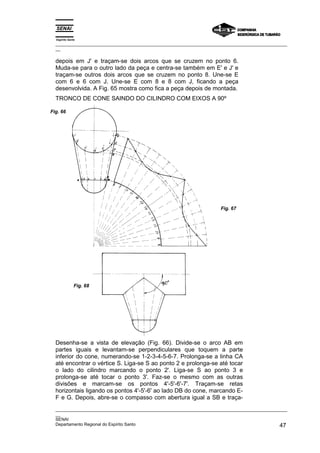 Espírito Santo
_________________________________________________________________________________________________
__
_________________________________________________________________________________________________
__
SENAI
Departamento Regional do Espírito Santo 47
depois em J' e traçam-se dois arcos que se cruzem no ponto 6.
Muda-se para o outro lado da peça e centra-se também em E' e J' e
traçam-se outros dois arcos que se cruzem no ponto 8. Une-se E
com 6 e 6 com J. Une-se E com 8 e 8 com J, ficando a peça
desenvolvida. A Fig. 65 mostra como fica a peça depois de montada.
TRONCO DE CONE SAINDO DO CILINDRO COM EIXOS A 90º
Desenha-se a vista de elevação (Fig. 66). Divide-se o arco AB em
partes iguais e levantam-se perpendiculares que toquem a parte
inferior do cone, numerando-se 1-2-3-4-5-6-7. Prolonga-se a linha CA
até encontrar o vértice S. Liga-se S ao ponto 2 e prolonga-se até tocar
o lado do cilindro marcando o ponto 2'. Liga-se S ao ponto 3 e
prolonga-se até tocar o ponto 3'. Faz-se o mesmo com as outras
divisões e marcam-se os pontos 4'-5'-6'-7'. Traçam-se retas
horizontais ligando os pontos 4'-5'-6' ao lado DB do cone, marcando E-
F e G. Depois, abre-se o compasso com abertura igual a SB e traça-
Fig. 66
Fig. 67
Fig. 68
 