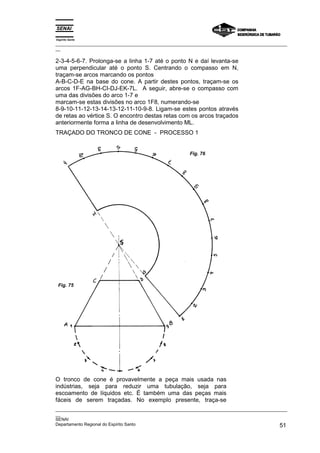 Espírito Santo
_________________________________________________________________________________________________
__
_________________________________________________________________________________________________
__
SENAI
Departamento Regional do Espírito Santo 51
2-3-4-5-6-7. Prolonga-se a linha 1-7 até o ponto N e daí levanta-se
uma perpendicular até o ponto S. Centrando o compasso em N,
traçam-se arcos marcando os pontos
A-B-C-D-E na base do cone. A partir destes pontos, traçam-se os
arcos 1F-AG-BH-CI-DJ-EK-7L. A seguir, abre-se o compasso com
uma das divisões do arco 1-7 e
marcam-se estas divisões no arco 1F8, numerando-se
8-9-10-11-12-13-14-13-12-11-10-9-8. Ligam-se estes pontos através
de retas ao vértice S. O encontro destas retas com os arcos traçados
anteriormente forma a linha de desenvolvimento ML.
TRAÇADO DO TRONCO DE CONE - PROCESSO 1
O tronco de cone é provavelmente a peça mais usada nas
indústrias, seja para reduzir uma tubulação, seja para
escoamento de líquidos etc. É também uma das peças mais
fáceis de serem traçadas. No exemplo presente, traça-se
Fig. 76
Fig. 75
 
