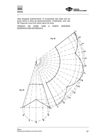 Espírito Santo
_________________________________________________________________________________________________
__
_________________________________________________________________________________________________
__
SENAI
Departamento Regional do Espírito Santo 57
retas traçadas anteriormente. O cruzamento das retas com os
arcos forma a linha de desenvolvimento. Finalmente, com raio
S8, traça-se o arco 8-9, boca menor do cone.
TRONCO DE CONE COM A PARTE INFERIOR
DESENVOLVIDA EM ÂNGULO
Fig. 86
Fig. 85
 