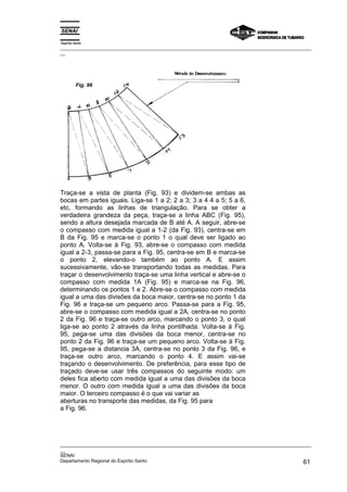 Espírito Santo
_________________________________________________________________________________________________
__
_________________________________________________________________________________________________
__
SENAI
Departamento Regional do Espírito Santo 61
Traça-se a vista de planta (Fig. 93) e dividem-se ambas as
bocas em partes iguais. Liga-se 1 a 2; 2 a 3; 3 a 4 4 a 5; 5 a 6,
etc, formando as linhas de triangulação. Para se obter a
verdadeira grandeza da peça, traça-se a linha ABC (Fig. 95),
sendo a altura desejada marcada de B até A. A seguir, abre-se
o compasso com medida igual a 1-2 (da Fig. 93), centra-se em
B da Fig. 95 e marca-se o ponto 1 o qual deve ser ligado ao
ponto A. Volta-se à Fig. 93, abre-se o compasso com medida
igual a 2-3, passa-se para a Fig. 95, centra-se em B e marca-se
o ponto 2, elevando-o também ao ponto A. E assim
sucessivamente, vão-se transportando todas as medidas. Para
traçar o desenvolvimento traça-se uma linha vertical e abre-se o
compasso com medida 1A (Fig. 95) e marca-se na Fig. 96,
determinando os pontos 1 e 2. Abre-se o compasso com medida
igual a uma das divisões da boca maior, centra-se no ponto 1 da
Fig. 96 e traça-se um pequeno arco. Passa-se para a Fig. 95,
abre-se o compasso com medida igual a 2A, centra-se no ponto
2 da Fig. 96 e traça-se outro arco, marcando o ponto 3, o qual
liga-se ao ponto 2 através da linha pontilhada. Volta-se à Fig.
95, pega-se uma das divisões da boca menor, centra-se no
ponto 2 da Fig. 96 e traça-se um pequeno arco. Volta-se à Fig.
95, pega-se a distancia 3A, centra-se no ponto 3 da Fig. 96, e
traça-se outro arco, marcando o ponto 4. E assim vai-se
traçando o desenvolvimento. De preferência, para esse tipo de
traçado deve-se usar três compassos do seguinte modo: um
deles fica aberto com medida igual a uma das divisões da boca
menor. O outro com medida igual a uma das divisões da boca
maior. O terceiro compasso é o que vai variar as
aberturas no transporte das medidas, da Fig. 95 para
a Fig. 96.
Fig. 96
 