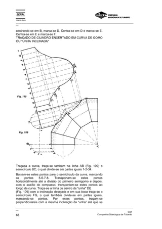Espírito Santo
_________________________________________________________________________________________________
__
_________________________________________________________________________________________________
__
CST
68 Companhia Siderúrgica de Tubarão
centrando-se em B, marca-se D. Centra-se em D e marca-se E.
Centra-se em E e marca-se F.
TRAÇADO DE CILINDRO ENXERTADO EM CURVA DE GOMO
OU "UNHA INCLINADA"
Traçada a curva, traça-se também na linha AB (Fig. 109) o
semicírculo BC, o qual divide-se em partes iguais 1-2-34.
Baixam-se estes pontos para o semicírculo da curva, marcando
os pontos 5-6-7-8. Transportam-se estes pontos
horizontalmente até a divisão do primeiro semigomo e depois,
com o auxílio do compasso, transportam-se estes pontos ao
longo da curva. Traça-se a linha de centro da "unha" DE
(Fig. 109) com a inclinação desejada e em sua boca traça-se o
semicírculo FG, o qual também divide-se em partes iguais,
marcando-se pontos. Por estes pontos, traçam-se
perpendiculares com a mesma inclinação da “unha” até que se
Fig. 110
Fig. 109
 