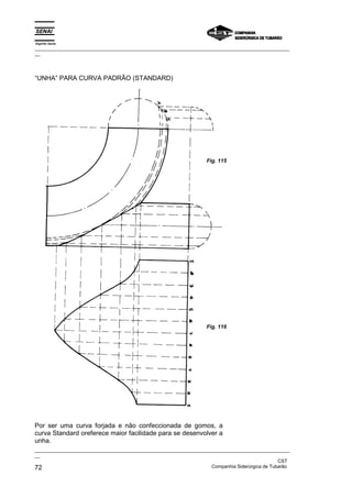 Espírito Santo
_________________________________________________________________________________________________
__
_________________________________________________________________________________________________
__
CST
72 Companhia Siderúrgica de Tubarão
“UNHA” PARA CURVA PADRÃO (STANDARD)
Por ser uma curva forjada e não confeccionada de gomos, a
curva Standard oreferece maior facilidade para se desenvolver a
unha.
Fig. 116
Fig. 115
 