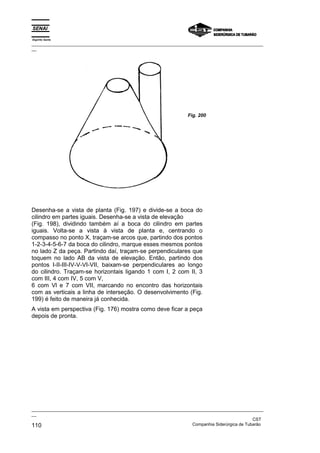 Espírito Santo
_________________________________________________________________________________________________
__




                                                                  Fig. 200




Desenha-se a vista de planta (Fig. 197) e divide-se a boca do
cilindro em partes iguais. Desenha-se a vista de elevação
(Fig. 198), dividindo também aí a boca do cilindro em partes
iguais. Volta-se a vista à vista de planta e, centrando o
compasso no ponto X, traçam-se arcos que, partindo dos pontos
1-2-3-4-5-6-7 da boca do cilindro, marque esses mesmos pontos
no lado Z da peça. Partindo daí, traçam-se perpendiculares que
toquem no lado AB da vista de elevação. Então, partindo dos
pontos I-II-III-IV-V-VI-VII, baixam-se perpendiculares ao longo
do cilindro. Traçam-se horizontais ligando 1 com I, 2 com II, 3
com III, 4 com IV, 5 com V,
6 com Vl e 7 com VII, marcando no encontro das horizontais
com as verticais a linha de interseção. O desenvolvimento (Fig.
199) é feito de maneira já conhecida.
A vista em perspectiva (Fig. 176) mostra como deve ficar a peça
depois de pronta.




_________________________________________________________________________________________________
__
                                                                                               CST
110                                                                Companhia Siderúrgica de Tubarão
 