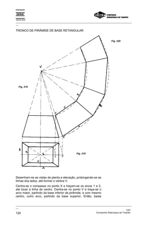 Espírito Santo
_________________________________________________________________________________________________
__

TRONCO DE PIRÂMIDE DE BASE RETANGULAR


                                                                                 Fig. 220




   Fig. 219




                                                   Fig. 218




Desenham-se as vistas de planta e elevação, prolongando-se as
linhas dos lados, até formar o vértice V.
Centra-se o compasso no ponto X e traçam-se os arcos 1 e 2,
até tocar a linha de centro. Centra-se no ponto V e traça-se o
arco maior, partindo da base inferior da pirâmide, e com mesmo
centro, outro arco, partindo da base superior. Então, basta

_________________________________________________________________________________________________
__
                                                                                               CST
120                                                                Companhia Siderúrgica de Tubarão
 