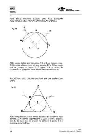 Espírito Santo
_________________________________________________________________________________________________
__

POR TRÊS PONTOS DADOS QUE NÃO ESTEJAM
ALINHADOS, FAZER PASSAR UMA CIRCUNFERÊNCIA



    Fig. 13




ABC, pontos dados. Unir os pontos A, B e C por meio de retas.
Dividir estas retas ao meio e traçar as retas EF e GH de modo
que se cruzem no ponto 1. O ponto 1 é o centro da
circunferência que passa pelos pontos dados anteriormente.




INSCREVER UMA CIRCUNFERÊNCIA EM UM TRIÂNGULO
DADO


 Fig. 14




ABC, triângulo dado. Achar o meio do lado AB e também o meio
do lado AC, marcando os pontos D e E. Ligar D com C, e ligar E
com B, de modo que se cruzem no ponto 5. O ponto 5 é o
centro da circunferência.
_________________________________________________________________________________________________
__
                                                                                               CST
14                                                                 Companhia Siderúrgica de Tubarão
 