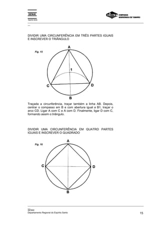 Espírito Santo
_________________________________________________________________________________________________
__




DIVIDIR UMA CIRCUNFERÊNCIA EM TRÊS PARTES IGUAIS
E INSCREVER O TRIÂNGULO



          Fig. 15




Traçada a circunferência, traçar também a linha AB. Depois,
centrar o compasso em B e com abertura igual a B1, traçar o
arco CD. Ligar A com C e A com D. Finalmente, ligar D com C,
formando assim o triângulo.




DIVIDIR UMA CIRCUNFERÊNCIA EM QUATRO PARTES
IGUAIS E INSCREVER O QUADRADO


          Fig. 16




_________________________________________________________________________________________________
__
SENAI
Departamento Regional do Espírito Santo                                                       15
 