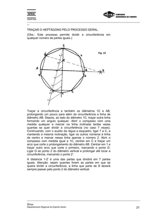 Espírito Santo
_________________________________________________________________________________________________
__

TRAÇAR O HEPTÁGONO PELO PROCESSO GERAL.
(Obs.: Este processo permite dividir a circunferência em
qualquer número de partes iguais.)




                                                             Fig. 22




Traçar a circunferência e também os diâmetros 1C e AB,
prolongando um pouco para além da circunferência a linha de
diâmetro AB. Depois, ao lado do diâmetro 1C, traçar outra linha
formando um angulo qualquer. Abrir o compasso com uma
medida qualquer e marcar na linha inclinada tantas vezes
quantas se quer dividir a circunferência (no caso 7 vezes).
Continuando, com o auxilio da régua e esquadro, ligar 7 a C, e
mantendo a mesma inclinação, ligar os outros números à linha
de centro e marcar nessa linha apenas o número 2. Abrir o
compasso com medida igual a 1C, centrar em C e traçar um
arco que corte o prolongamento do diâmetro AB. Centrar em 1 e
traçar outro arco que corte o primeiro, marcando o ponto D.
Ligar D ao ponto 2 do diâmetro vertical e prolongar até tocar a
circunferência, marcando o ponto 2'.
A distancia 1-2' é uma das partes que dividirá em 7 partes
iguais. Atenção: sejam quantas forem as partes em que se
queira dividir a circunferência, a linha que parte de D deverá
sempre passar pelo ponto 2 do diâmetro vertical.




_________________________________________________________________________________________________
__
SENAI
Departamento Regional do Espírito Santo                                                       21
 