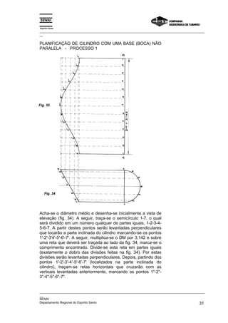 Espírito Santo
_________________________________________________________________________________________________
__

PLANIFICAÇÃO DE CILINDRO COM UMA BASE (BOCA) NÃO
PARALELA - PROCESSO 1




Fig. 35




    Fig. 34




Acha-se o diâmetro médio e desenha-se inicialmente a vista de
elevação (fig. 34). A seguir, traça-se o semicírculo 1-7, o qual
será dividido em um número qualquer de partes iguais, 1-2-3-4-
5-6-7. A partir destes pontos serão levantadas perpendiculares
que tocarão a parte inclinada do cilindro marcando-se os pontos
1'-2'-3'4'-5'-6'-7'. A seguir, multiplica-se o DM por 3,142 e sobre
uma reta que deverá ser traçada ao lado da fig. 34, marca-se o
comprimento encontrado. Divide-se esta reta em partes iguais
(exatamente o dobro das divisões feitas na fig. 34). Por estas
divisões serão levantadas perpendiculares. Depois, partindo dos
pontos 1'-2'-3'-4’-5'-6'-7' (localizados na parte inclinada do
cilindro), traçam-se retas horizontais que cruzarão com as
verticais levantadas anteriormente, marcando os pontos 1"-2"-
3"-4"-5"-6"-7".


_________________________________________________________________________________________________
__
SENAI
Departamento Regional do Espírito Santo                                                       31
 