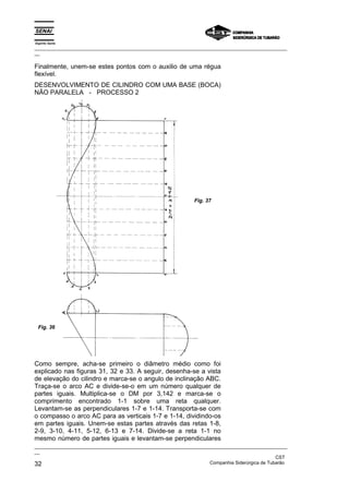 Espírito Santo
_________________________________________________________________________________________________
__

Finalmente, unem-se estes pontos com o auxilio de uma régua
flexível.
DESENVOLVIMENTO DE CILINDRO COM UMA BASE (BOCA)
NÃO PARALELA - PROCESSO 2




                                                              Fig. 37




 Fig. 36




Como sempre, acha-se primeiro o diâmetro médio como foi
explicado nas figuras 31, 32 e 33. A seguir, desenha-se a vista
de elevação do cilindro e marca-se o angulo de inclinação ABC.
Traça-se o arco AC e divide-se-o em um número qualquer de
partes iguais. Multiplica-se o DM por 3,142 e marca-se o
comprimento encontrado 1-1 sobre uma reta qualquer.
Levantam-se as perpendiculares 1-7 e 1-14. Transporta-se com
o compasso o arco AC para as verticais 1-7 e 1-14, dividindo-os
em partes iguais. Unem-se estas partes através das retas 1-8,
2-9, 3-10, 4-11, 5-12, 6-13 e 7-14. Divide-se a reta 1-1 no
mesmo número de partes iguais e levantam-se perpendiculares
_________________________________________________________________________________________________
__
                                                                                               CST
32                                                                 Companhia Siderúrgica de Tubarão
 