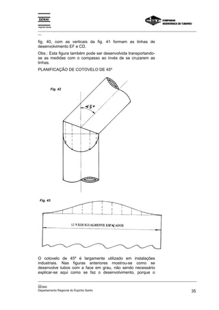 Espírito Santo
_________________________________________________________________________________________________
__

fig. 40, com as verticais da fig. 41 formam as linhas de
desenvolvimento EF e CD.
Obs.: Esta figura também pode ser desenvolvida transportando-
se as medidas com o compasso ao invés de se cruzarem as
linhas.
PLANIFICAÇÃO DE COTOVELO DE 45º



             Fig. 42




 Fig. 43




O cotovelo de 45º é largamente utilizado em instalações
industriais. Nas figuras anteriores mostrou-se como se
desenvolve tubos com a face em grau, não sendo necessário
explicar-se aqui como se faz o desenvolvimento, porque o
_________________________________________________________________________________________________
__
SENAI
Departamento Regional do Espírito Santo                                                       35
 