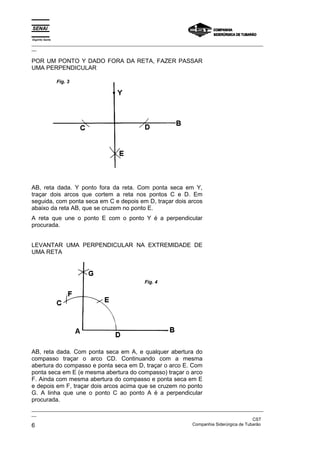 Espírito Santo
_________________________________________________________________________________________________
__

POR UM PONTO Y DADO FORA DA RETA, FAZER PASSAR
UMA PERPENDICULAR

                 Fig. 3




AB, reta dada. Y ponto fora da reta. Com ponta seca em Y,
traçar dois arcos que cortem a reta nos pontos C e D. Em
seguida, com ponta seca em C e depois em D, traçar dois arcos
abaixo da reta AB, que se cruzem no ponto E.
A reta que une o ponto E com o ponto Y é a perpendicular
procurada.


LEVANTAR UMA PERPENDICULAR NA EXTREMIDADE DE
UMA RETA




                                                Fig. 4




AB, reta dada. Com ponta seca em A, e qualquer abertura do
compasso traçar o arco CD. Continuando com a mesma
abertura do compasso e ponta seca em D, traçar o arco E. Com
ponta seca em E (e mesma abertura do compasso) traçar o arco
F. Ainda com mesma abertura do compasso e ponta seca em E
e depois em F, traçar dois arcos acima que se cruzem no ponto
G. A linha que une o ponto C ao ponto A é a perpendicular
procurada.
_________________________________________________________________________________________________
__
                                                                                               CST
6                                                                  Companhia Siderúrgica de Tubarão
 