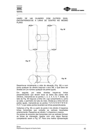 Espírito Santo
_________________________________________________________________________________________________
__

UNIÃO DE UM CILINDRO COM OUTROS DOIS,
ENCONTRANDO-SE A LINHA DE CENTRO NO MESMO
PLANO


                                                             Fig. 58




                 Fig. 57




                                                              Fig. 56



Desenha-se inicialmente a vista de elevação (Fig. 56) e num
ponto qualquer do cilindro traça-se o arco AB, o qual deve ser
dividido em um número qualquer de partes iguais.
Em      seguida,     por   estas divisões traçam-se linhas
perpendiculares que devem tocar os lados dos outros dois
cilindros, marcando-se os pontos 1, 2, 3, 4, 5, 6, 7. Então, ao
lado da Fig. 56 traça-se a linha CD, cujo comprimento é, como
se sabe, o perímetro do tubo do meio. Divide-se a linha CD em
partes iguais, marcando-se os pontos 1'-2'-3'-4'-5'-6'-7'-6'-5'-4'-
3'-2'-1' e por estes pontos levantam-se linhas perpendiculares.
Voltamos à Fig. 56 e a partir do ponto 4 do cilindro 2 traçamos
linhas horizontais que cortarão as verticais levantadas
anteriormente. Passamos ao cilindro 1 e fazemos o mesmo.
Os pontos de encontro das horizontais com as verticais formam
as linhas de interseção, ligados com uma régua flexível,
completando assim a Fig. 57. Para uma melhor apresentação

_________________________________________________________________________________________________
__
SENAI
Departamento Regional do Espírito Santo                                                       43
 