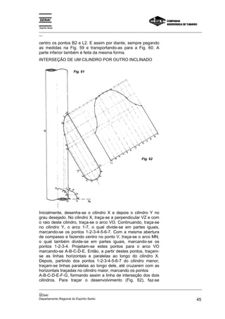 Espírito Santo
_________________________________________________________________________________________________
__

centro os pontos B2 e L2. E assim por diante, sempre pegando
as medidas na Fig. 59 e transportando-as para a Fig. 60. A
parte inferior também é feita da mesma forma.
INTERSEÇÃO DE UM CILINDRO POR OUTRO INCLINADO

                    Fig. 61




                                                             Fig. 62




Inicialmente, desenha-se o cilindro X e depois o cilindro Y no
grau desejado. No cilindro X, traça-se a perpendicular VZ e com
o raio deste cilindro, traça-se o arco VO. Continuando, traça-se
no cilindro Y, o arco 1-7, o qual divide-se em partes iguais,
marcando-se os pontos 1-2-3-4-5-6-7. Com a mesma abertura
de compasso e fazendo centro no ponto V, traça-se o arco MN,
o qual também divide-se em partes iguais, marcando-se os
pontos 1-2-3-4. Projetam-se estes pontos para o arco VO
marcando-se A-B-C-D-E. Então, a partir destes pontos, traçam-
se as linhas horizontais e paralelas ao longo do cilindro X.
Depois, partindo dos pontos 1-2-3-4-5-6-7 do cilindro menor,
traçam-se linhas paralelas ao longo dele, até cruzarem com as
horizontais traçadas no cilindro maior, marcando os pontos
A-B-C-D-E-F-G, formando assim a linha de interseção dos dois
cilindros. Para traçar o desenvolvimento (Fig. 62), faz-se
_________________________________________________________________________________________________
__
SENAI
Departamento Regional do Espírito Santo                                                       45
 