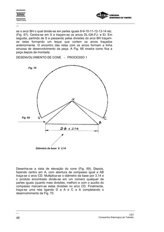 Espírito Santo
_________________________________________________________________________________________________
__

se o arco BH o qual divide-se em partes iguais 8-9-10-11-12-13-14 etc.
(Fig. 67). Centra-se em S e traçam-se os arcos DL-GK-FJ- e EI. Em
seguida, partindo de S e passando pelas divisões do arco BH traçam-
se retas formando um leque que cortem os arcos traçados
anteriormente. O encontro das retas com os arcos formam a linha
sinuosa de desenvolvimento da peça. A Fig. 68 mostra como fica a
peça depois de montada.
DESENVOLVIMENTO DE CONE - PROCESSO 1


                 Fig. 70




       Fig. 69




                       Diâmetro da base X 3,14




Desenha-se a vista de elevação do cone (Fig. 69). Depois,
fazendo centro em A, com abertura de compasso igual a AB
traça-se o arco CD. Multiplica-se o diâmetro da base por 3,14 e
o produto encontrado divide-se em um número qualquer de
partes iguais (quanto mais divisões, melhor) e com o auxílio do
compasso marcam-se estas divisões no arco CD. Finalmente,
traça-se uma reta ligando D a A e C a A completando o
desenvolvimento da Fig. 70.




_________________________________________________________________________________________________
__
                                                                                               CST
48                                                                 Companhia Siderúrgica de Tubarão
 