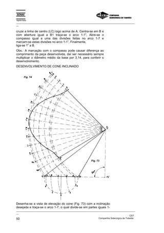Espírito Santo
_________________________________________________________________________________________________
__

cruze a linha de centro (LC) logo acima de A. Centra-se em B e
                                                 c
com abertura igual a B1 traça-se o arco 1-1 , Abre-se o
compasso igual a uma das divisões feitas no arco 1-7 e
                                      c
marcam-se estas divisões no arco 1-1 , Finalmente,
         c
liga-se 1 a B.
Obs.: A marcação com o compasso pode causar diferença ao
comprimento da peça desenvolvida, daí ser necessário sempre
multiplicar o diâmetro médio da base por 3,14, para conferir o
desenvolvimento.
DESENVOLVIMENTO DE CONE INCLINADO


          Fig. 74




                                                              Fig. 73




Desenha-se a vista de elevação do cone (Fig. 73) com a inclinação
desejada e traça-se o arco 1-7, o qual divide-se em partes iguais 1-
_________________________________________________________________________________________________
__
                                                                                               CST
50                                                                 Companhia Siderúrgica de Tubarão
 