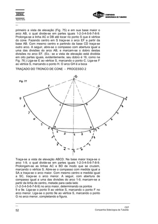 Espírito Santo
_________________________________________________________________________________________________
__

primeiro a vista de elevação (Fig. 75) e em sua base maior o
arco AB, o qual divide-se em partes iguais 1-2-3-4-5-6-7-8-9.
Prolonga-se a linha AC e DB até tocar no ponto S que é vértice
do cone. Fazendo centro em S traça-se o arco EF a partir da
base AB. Com mesmo centro e partindo da base CD traça-se
outro arco. A seguir, abre-se o compasso com abertura igual a
uma das divisões do arco AB, e marcam-se o dobro destas
divisões no arco EF. (Ex.: se a vista de elevação está dividida
em oito partes iguais, evidentemente, seu dobro é 16, como na
Fig. 76.) Liga-se E ao vértice S, marcando o ponto C. Liga-se F
ao vértice S, marcando o ponto H. O arco GH é a boca
TRAÇADO DO TRONCO DE CONE - PROCESSO 2



    Fig. 77




Traça-se a vista de elevação ABCD. Na base maior traça-se o
arco 1-9, o qual divide-se em partes iguais 1-2-3-4-5-6-7-8-9.
Prolongam-se as linhas AC e BD de modo que se cruzem,
marcando o vértice S. Abre-se o compasso com medida igual a
SA e traça-se o arco maior. Com mesmo centro e medida igual
a SC, traça-se o arco menor. A seguir, com abertura de
compasso igual a uma das divisões do arco 1-9, marcam-se a
partir da linha de centro, metade para cada lado
(1-2-3-4-5-6-7-8-9) no arco maior, determinando os pontos
9 e 9e. Liga-se o ponto 9 ao vértice S, marcando o ponto F no
arco menor. Liga-se o ponto 9e ao vértice S, marcando o ponto
G no arco menor, completando a figura.
_________________________________________________________________________________________________
__
                                                                                               CST
52                                                                 Companhia Siderúrgica de Tubarão
 
