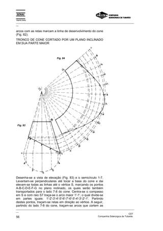 Espírito Santo
_________________________________________________________________________________________________
__

arcos com as retas marcam a linha de desenvolvimento do cone
(Fig. 82).
TRONCO DE CONE CORTADO POR UM PLANO INCLINADO
EM SUA PARTE MAIOR



                                  Fig. 84




 Fig. 83




Desenha-se a vista de elevação (Fig. 83) e o semicírculo 1-7.
Levantam-se perpendiculares até tocar a base do cone e dai
elevam-se todas as linhas até o vértice S, marcando os pontos
A-B-C-D-E-F-G no plano inclinado, os quais serão também
transportados para o lado 7-8 do cone. Centra-se o compasso
em S e com raio S7 traça-se o arco maior 1'-1', o qual divide-se
em partes iguais: 1'-2'-3'-4'-5'-6'-7'-6'-5'-4'-3'-2'-1'. Partindo
destes pontos, traçam-se retas em direção ao vértice. A seguir,
partindo do lado 7-8 do cone, traçam-se arcos que cortem as
_________________________________________________________________________________________________
__
                                                                                               CST
56                                                                 Companhia Siderúrgica de Tubarão
 