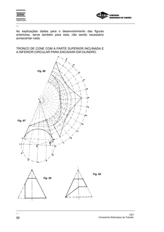 Espírito Santo
_________________________________________________________________________________________________
__

As explicações dadas para o desenvolvimento das figuras
anteriores. serve também para esta, não sendo necessário
acrescentar nada.


TRONCO DE CONE COM A PARTE SUPERIOR INCLINADA E
A INFERIOR CIRCULAR PARA ENCAIXAR EM CILINDRO




                 Fig. 88




 Fig. 87




                                                                Fig. 90
                      Fig. 89




_________________________________________________________________________________________________
__
                                                                                               CST
58                                                                 Companhia Siderúrgica de Tubarão
 