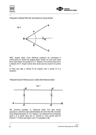Espírito Santo
_________________________________________________________________________________________________
__

TRAÇAR A BISSETRIZ DE UM ANGULO QUALQUER




                 Fig. 6




ABC, angulo dado. Com abertura qualquer do compasso e
ponta seca no vértice do angulo dado, traçar um arco que corte
seus dois lados nos pontos E e F. Depois, com ponta seca em E
e depois em F, traçar outros dois arcos que se cruzem no ponto
G.
A linha que liga o vértice B do angulo com o ponto G é a
bissetriz.




TRAÇAR DUAS PARALELAS A UMA DISTANCIA DADA


                                      Fig. 7




AB, primeira paralela. Z, distancia dada. Em dois locais
quaisquer, próximos das extremidades da semi-reta AB, levantar
duas perpendiculares C e D. Depois, com abertura de compasso
igual a Z e ponta seca em C, marcar E. Com ponta seca D
marcar F. A linha que liga E com F é paralela a AB.

_________________________________________________________________________________________________
__
                                                                                               CST
8                                                                  Companhia Siderúrgica de Tubarão
 
