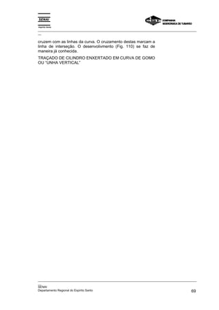 Espírito Santo
_________________________________________________________________________________________________
__

cruzem com as linhas da curva. O cruzamento destas marcam a
linha de interseção. O desenvolivmento (Fig. 110) se faz de
maneira já conhecida.
TRAÇADO DE CILINDRO ENXERTADO EM CURVA DE GOMO
OU “UNHA VERTICAL”




_________________________________________________________________________________________________
__
SENAI
Departamento Regional do Espírito Santo                                                       69
 