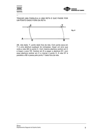 Espírito Santo
_________________________________________________________________________________________________
__

TRAÇAR UMA PARALELA A UMA RETA E QUE PASSE POR
UM PONTO DADO FORA DA RETA




                                                                            Fig. 8




AB, reta dada. Y, ponto dado fora da reta. Com ponta seca em
Y e uma abertura qualquer do compasso, traçar um arco que
corte a reta AB no ponto C. Com mesma abertura centrar em C
e traçar o arco YD. Centrar em D e pegar a abertura DY, com
essa abertura centrar em C e marcar o ponto X. A reta XY é
paralela a AB e passa pelo ponto Y dado fora da reta.




_________________________________________________________________________________________________
__
SENAI
Departamento Regional do Espírito Santo                                                        9
 