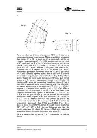 Espírito Santo
_________________________________________________________________________________________________
__




          Fig.123




                                                                   Fig. 124




Para se achar as divisões dos gomos A-B-C e D, usa-se o
mesmo processo da curva normal. Marca-se então os tamanhos
das bocas EF e GH e para achar a conicidade, centra-se
primeiro o compasso em S (Fig. 121), abre-se com medida igual
a SG, centra-se em E e depois em G e traçam-se dois arcos
que se cortem marcando o ponto R1, e centrando em R1, traça-
se o arco EG. Depois, abre-se o compasso com medida FS,
centra-se em F e depois em H e traçam-se dois arcos,
marcando o ponto R2; centrando então em R2, traça-se o arco
FH. Copia-se então o gomo B (Fig. 123) e para isso é preciso
saber copiar ângulos, como foi explicado na Fig. 5. Copiado o
gomo, traçam-se nele duas semicircunferências, que serão
unidas por linhas em ziguezague, cheias e pontilhadas. É
preciso então achar as verdadeiras grandezas destas linhas e
para isso procede-se como segue: traça-se uma reta e levanta-
se na sua extremidade a perpendicular OP (Fig. 122). Então,
abre-se o compasso com medida igual a 2-13 (Fig. 123) e
centrando em O, marca-se o ponto 2' e aí levanta-se uma
perpendicular marcando o ponto 2. As alturas 2'-2, 3'-3, 4'-4, 5'-
5, 6'-6 são as que vão dos pontos de divisão do semicírculo
menor até a base do gomo 8-14, e as distancias 9^13, 0-12-10
e 0-11 são as mesmas que vão dos pontos de divisão do
semicírculo maior até a base do gomo 1-7. Para achar as
verdadeiras grandezas das linhas pontilhadas (Fig. 124),
procede-se da mesma forma, com a diferença de que as alturas
2-2', 3-3', 44', 5-5' e 6-6' são as distâncias que vão do
semicírculo maior até a base 1-7 do gomo. Mostra-se na página
seguinte o desenvolvimento do gomo A e do gomo B.
Para se desenvolver os gomos C e D procede-se da mesma
forma.



_________________________________________________________________________________________________
__
SENAI
Departamento Regional do Espírito Santo                                                       77
 