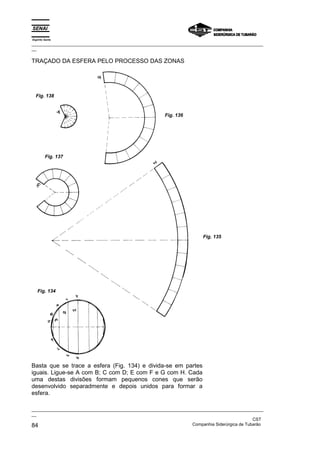 Espírito Santo
_________________________________________________________________________________________________
__

TRAÇADO DA ESFERA PELO PROCESSO DAS ZONAS




  Fig. 138



                                                        Fig. 136




         Fig. 137




                                                                         Fig. 135




   Fig. 134




Basta que se trace a esfera (Fig. 134) e divida-se em partes
iguais. Ligue-se A com B; C com D; E com F e G com H. Cada
uma destas divisões formam pequenos cones que serão
desenvolvido separadmente e depois unidos para formar a
esfera.

_________________________________________________________________________________________________
__
                                                                                               CST
84                                                                 Companhia Siderúrgica de Tubarão
 