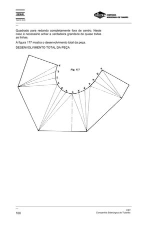 Espírito Santo
_________________________________________________________________________________________________
__

Quadrado para redondo completamente fora de centro. Neste
caso é necessário achar a verdadeira grandeza de quase todas
as linhas.
A figura 177 mostra o desenvolvimento total da peça.
DESENVOLVIMENTO TOTAL DA PEÇA




                                              Fig. 177




_________________________________________________________________________________________________
__
                                                                                               CST
100                                                                Companhia Siderúrgica de Tubarão
 