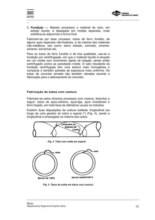 Espírito Santo

_________________________________________________________________________________________________
__

2. Fundição — Nesses processos o material do tubo, em
   estado líquido, é despejado em moldes especiais, onde
   solidifica-se adquirindo a forma final.
Fabricam-se por esse processo, tubos de ferro fundido, de
alguns aços especiais não-forjáveis, e da maioria dos materiais
não-metálicos, tais como: barro vidrado, concreto, cimento-
amianto, borrachas etc.
Para os tubos de ferro fundido e de boa qualidade, usa-se a
fundição por centrifugação, em que o material líquido é lançado
em um molde com movimento rápido de rotação, sendo então
centrifugado contra as paredesdo molde. O tubo resultante da
fundição centrifugada tem uma textura mais homogênea e
compacta e também paredes de espessura mais uniforme. Os
tubos de concreto armado são também vibrados durante a
fabricação para o adensamento do concreto.




Fabricação de tubos com costura

Fabricam-se pelos diversos processos com costura, descritos a
seguir, tubos de aços-carbono, aços-liga, aços inoxidáveis e
ferro forjado, em toda faixa de diâmetros usuais na indústria.
Existem duas disposições da costura soldada: longitudinal (ao
longo de uma geratriz do tubo) e espiral (*) (Fig. 4), sendo a
longitudinal a empregada na maioria dos casos.




                    Fig. 4 Tubo com solda em espiral.




                 Fig. 5 Tipos de solda em tubos com costura.




_________________________________________________________________________________________________
__
SENAI
Departamento Regional do Espírito Santo                                                       13
 