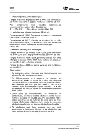 Espírito Santo

_________________________________________________________________________________________________
__

— Materiais para as juntas dos flanges:
Flanges de classes de pressão 150# e 300#, para temperaturas
até 250°C: unta plana de papelão hidráulico, conforme EB-212.
Para      temperaturas      mais     elevadas      recomenda-se,
sucessivamente, o uso de tubos dos aços-liga
Cr --- ½ Mo, 9 Cr -- 1 Mo, e do aço inoxidável tipo 405.
     -             --
-- Materiais para válvulas (quaisquer diâmetros):
 --
Temperaturas até 280ºC: Carcaça de aço-carbono, mecanismo
interno de aço inoxidável tipo 410.
Temperaturas até 280ºC: Carcaça de aço-liga 5 Cr --- ½ Mo,
                                                       -
mecanismo interno de aço inoxidável tipo 410; para alto enxofre
o mecanismo interno deve ser de aço inoxidável tipos
430 ou 304.
-- Materiais para as juntas dos flanges:
 --
Flanges de classes de pressão 105# e 300#, para temperatura
até 250ºC: junta plana de papelão hidráulico, conforme EB-212.
Flanges de classes 150# e 300#, para temperaturas mais altas,
e flanges de classes 400# e 600#: Junta metálica em espiral, de
aço inoxidável, com recheio de amianto.
Flanges de classes 900#, ou acima: Junta de anel metálico de
aço inoxidável.
Observações:
1. As indicações acima, referentes aos hidrocarbonetos com
   alto enxofre, são apenas aproximadas.
2. Os hidrocarbonetos com presença de cloretos, em
   temperaturas abaixo do ponto de orvalho, são altamente
   corrosivos devido à possibilidade de formação de HCI diluído.
   Recomenda-se por isso que seja adotado, para o aço-
   carbono, maior sobre-espessura para corrosão, 3 a 4 mm,
   por exemplo. As válvulas devem ter o mecanismo interno de
   metal Monel.
3. Como todos os hidrocarbonetos são inflamáveis ou
   combustíveis, na maioria dessas tubulações existe risco de
   incêndio, às vezes em elevado grau. Por essa razão, não se
   podem admitir peças de materiais de baixo ponto de fusão
   (metais não-ferrosos, plásticos etc.), exceto em pequenas
   tubulações auxiliares e em algumas tubulações enterradas.
4. As tubulações para óleos viscosos têm, em geral,
   aquecimento e isolamento térmico, e as tubulações para
   óleos quentes devem ter sempre isolamento térmico.




_________________________________________________________________________________________________
__
                                                                                               CST
112                                                                Companhia Siderúrgica de Tubarão
 