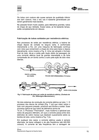 Espírito Santo

_________________________________________________________________________________________________
__

Os tubos com costura são quase sempre de qualidade inferior
aos sem costura, mas o seu uso é bastante generalizado por
serem geralmente mais baratos.
No passado foram muito usados, para diâmetros grandes, tubos
de chapa de aço rebitada. Esses tubos, já há bastante tempo,
estão completamente em desuso.




Fabricação de tubos soldados por resistência elétrica.

Nos processos de solda por resistência elétrica, a bobina de
chapa depois de cortada na largura certa, é conformada
inteiramente a frio, em uma máquina de fabricação contínua
com rolos que comprimem a chapa de cima para baixo e depois
lateralmente, como mostra a Fig. 6. Uma vez atingido o formato
final do tubo, dá-se a solda pelo duplo efeito da passagem de
uma corrente elétrica local de grande intensidade e da forte
compressão de um bordo contra o outro pela ação de dois rolos
laterais.




Fig. 6 Fabricação de tubos por solda de resistência elétrica. (Cortesia da
                    Cia. Siderúrgica Mannesmann.)



Há dois sistemas de condução da corrente elétrica ao tubo: 1. O
processo dos discos de contato [Fig. 7 (a)] que rolam sobre o
tubo com pequena pressão, próximos aos bordos a soldar. Esse
processo aplica-se aos tubos de diâmetros acima de
15 cm. 2. Processo "Thermatool'`, mais moderno e aplicável aos
tubos de pequeno diâmetro, em que a corrente passa entre dois
eletrodos de cobre maciço que deslizam suavemente sobre os
bordos do tubo, como mostra a Fig. 7 (b).
Em qualquer dos casos, a corrente elétrica usada é sempre
alternada, de baixa voltagem e de alta freqüência (até 400.000
ciclos/s). A corrente de alta freqüência tem a vantagem de
_________________________________________________________________________________________________
__
SENAI
Departamento Regional do Espírito Santo                                                       15
 