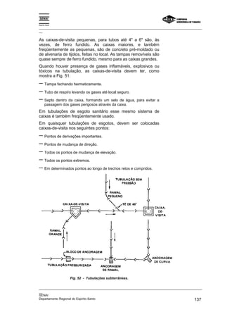 Espírito Santo

_________________________________________________________________________________________________
__

As caixas-de-visita pequenas, para tubos até 4" a 6" são, às
vezes, de ferro fundido. As caixas maiores, e também
freqüentemente as pequenas, são de concreto pré-moldado ou
de alvenaria de tijolos, feitas no local. As tampas removíveis são
quase sempre de ferro fundido, mesmo para as caixas grandes.
Quando houver presença de gases inflamáveis, explosivos ou
tóxicos na tubulação, as caixas-de-visita devem ter, como
mostra a Fig. 51:
− Tampa fechando hermeticamente.
− Tubo de respiro levando os gases até local seguro.
− Septo dentro da caixa, formando um selo de água, para evitar a
       passagem dos gases perigosos através da caixa.
Em tubulações de esgoto sanitário esse mesmo sistema de
caixas é também freqüentemente usado.
Em quaisquer tubulações de esgotos, devem ser colocadas
caixas-de-visita nos seguintes pontos:
− Pontos de derivações importantes.
− Pontos de mudança de direção.
− Todos os pontos de mudança de elevação.
− Todos os pontos extremos.
− Em determinados pontos ao longo de trechos retos e compridos.




                     Fig. 52 - Tubulações subterrâneas.

_________________________________________________________________________________________________
__
SENAI
Departamento Regional do Espírito Santo                                                     137
 