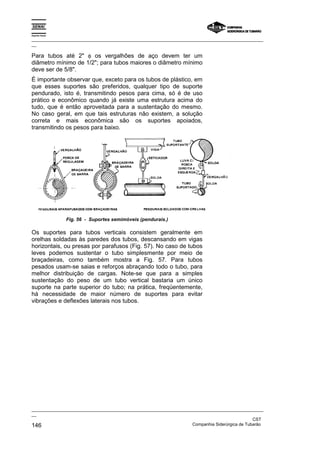 Espírito Santo

_________________________________________________________________________________________________
__

Para tubos até 2" φ os vergalhões de aço devem ter um
diâmetro mínimo de 1/2"; para tubos maiores o diâmetro mínimo
deve ser de 5/8".
É importante observar que, exceto para os tubos de plástico, em
que esses suportes são preferidos, qualquer tipo de suporte
pendurado, isto é, transmitindo pesos para cima, só é de uso
prático e econômico quando já existe uma estrutura acima do
tudo, que é então aproveitada para a sustentação do mesmo.
No caso geral, em que tais estruturas não existem, a solução
correta e mais econômica são os suportes apoiados,
transmitindo os pesos para baixo.




                 Fig. 56 - Suportes semimóveis (pendurais.)

Os suportes para tubos verticais consistem geralmente em
orelhas soldadas às paredes dos tubos, descansando em vigas
horizontais, ou presas por parafusos (Fig. 57). No caso de tubos
leves podemos sustentar o tubo simplesmente por meio de
braçadeiras, como também mostra a Fig. 57. Para tubos
pesados usam-se saias e reforços abraçando todo o tubo, para
melhor distribuição de cargas. Note-se que para a simples
sustentação do peso de um tubo vertical bastaria um único
suporte na parte superior do tubo; na prática, freqüentemente,
há necessidade de maior número de suportes para evitar
vibrações e deflexões laterais nos tubos.




_________________________________________________________________________________________________
__
                                                                                               CST
146                                                                Companhia Siderúrgica de Tubarão
 