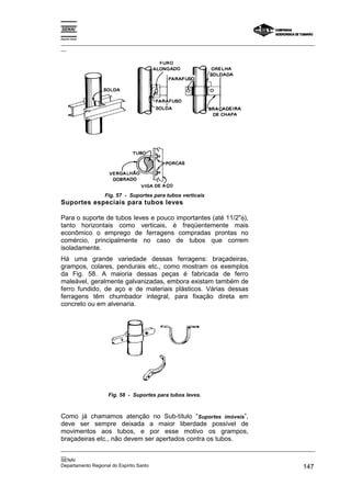 Espírito Santo

_________________________________________________________________________________________________
__




                 Fig. 57 - Suportes para tubos verticais
Suportes especiais para tubos leves

Para o suporte de tubos leves e pouco importantes (até 11/2"φ),
tanto horizontais como verticais, é freqüentemente mais
econômico o emprego de ferragens compradas prontas no
comércio, principalmente no caso de tubos que correm
isoladamente.
Há uma grande variedade dessas ferragens: braçadeiras,
grampos, colares, pendurais etc., como mostram os exemplos
da Fig. 58. A maioria dessas peças é fabricada de ferro
maleável, geralmente galvanizadas, embora existam também de
ferro fundido, de aço e de materiais plásticos. Várias dessas
ferragens têm chumbador integral, para fixação direta em
concreto ou em alvenaria.




                  Fig. 58 - Suportes para tubos leves.



Como já chamamos atenção no Sub-título “Suportes imóveis”,
deve ser sempre deixada a maior liberdade possível de
movimentos aos tubos, e por esse motivo os grampos,
braçadeiras etc., não devem ser apertados contra os tubos.
_________________________________________________________________________________________________
__
SENAI
Departamento Regional do Espírito Santo                                                     147
 