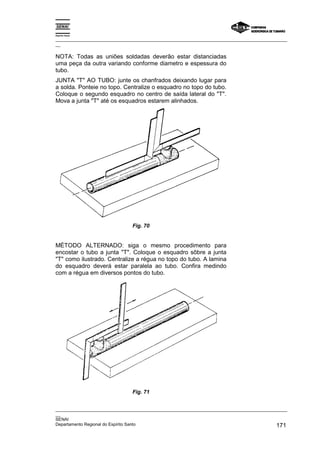Espírito Santo

_________________________________________________________________________________________________
__

NOTA: Todas as uniões soldadas deverão estar distanciadas
uma peça da outra variando conforme diametro e espessura do
tubo.
JUNTA "T" AO TUBO: junte os chanfrados deixando lugar para
a solda. Ponteie no topo. Centralize o esquadro no topo do tubo.
Coloque o segundo esquadro no centro de saída lateral do "T".
Mova a junta "T" até os esquadros estarem alinhados.




                                Fig. 70


MÉTODO ALTERNADO: siga o mesmo procedimento para
encostar o tubo a junta "T". Coloque o esquadro sôbre a junta
"T" como ilustrado. Centralize a régua no topo do tubo. A lamina
do esquadro deverá estar paralela ao tubo. Confira medindo
com a régua em diversos pontos do tubo.




                                Fig. 71


_________________________________________________________________________________________________
__
SENAI
Departamento Regional do Espírito Santo                                                     171
 