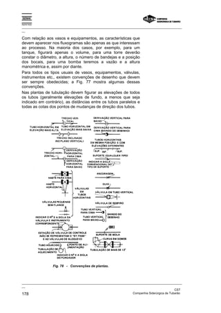 Espírito Santo

_________________________________________________________________________________________________
__

Com relação aos vasos e equipamentos, as características que
devem aparecer nos fluxogramas são apenas as que interessam
ao processo. Na maioria dos casos, por exemplo, para um
tanque, figurará apenas o volume, para uma torre deverão
constar o diâmetro, a altura, o número de bandejas e a posição
dos bocais, para uma bomba teremos a vazão e a altura
manométrica e, assim por diante.
Para todos os tipos usuais de vasos, equipamentos, válvulas,
instrumentos etc., existem convenções de desenho que devem
ser sempre obedecidas; a Fig. 77 mostra algumas dessas
convenções.
Nas plantas de tubulação devem figurar as elevações de todos
os tubos (geralmente elevações de fundo, a menos que seja
indicado em contrário), as distâncias entre os tubos paralelos e
todas as cotas dos pontos de mudanças de direção dos tubos.




                   Fig. 78 - Convenções de plantas.




_________________________________________________________________________________________________
__
                                                                                               CST
178                                                                Companhia Siderúrgica de Tubarão
 
