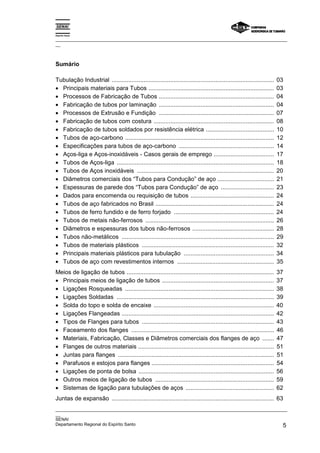 Espírito Santo

_________________________________________________________________________________________________
__



Sumário

Tubulação Industrial .................................................................................................   03
• Principais materiais para Tubos ...........................................................................            03
• Processos de Fabricação de Tubos .....................................................................                 04
• Fabricação de tubos por laminação .....................................................................                04
• Processos de Extrusão e Fundição .....................................................................                 07
• Fabricação de tubos com costura ........................................................................               08
• Fabricação de tubos soldados por resistência elétrica .........................................                        10
• Tubos de aço-carbono .........................................................................................         12
• Especificações para tubos de aço-carbono .........................................................                     14
• Aços-liga e Aços-inoxidáveis - Casos gerais de emprego ....................................                            17
• Tubos de Aços-liga ..............................................................................................      18
• Tubos de Aços inoxidáveis ..................................................................................           20
• Diâmetros comerciais dos “Tubos para Condução” de aço ..................................                               21
• Espessuras de parede dos “Tubos para Condução” de aço ................................                                 23
• Dados para encomenda ou requisição de tubos ..................................................                         24
• Tubos de aço fabricados no Brasil .......................................................................              24
• Tubos de ferro fundido e de ferro forjado ............................................................                 24
• Tubos de metais não-ferrosos .............................................................................             26
• Diâmetros e espessuras dos tubos não-ferrosos .................................................                        28
• Tubos não-metálicos ...........................................................................................        29
• Tubos de materiais plásticos ...............................................................................           32
• Principais materiais plásticos para tubulação ......................................................                   34
• Tubos de aço com revestimentos internos ..........................................................                     35
Meios de ligação de tubos ........................................................................................       37
• Principais meios de ligação de tubos ...................................................................               37
• Ligações Rosqueadas .........................................................................................          38
• Ligações Soldadas ..............................................................................................       39
• Solda do topo e solda de encaixe ........................................................................              40
• Ligações Flangeadas ...........................................................................................        42
• Tipos de Flanges para tubos ...............................................................................            43
• Faceamento dos flanges .....................................................................................           46
• Materiais, Fabricação, Classes e Diâmetros comerciais dos flanges de aço .......                                       47
• Flanges de outros materiais .................................................................................          51
• Juntas para flanges .............................................................................................      51
• Parafusos e estojos para flanges .........................................................................             54
• Ligações de ponta de bolsa .................................................................................           56
• Outros meios de ligação de tubos .......................................................................               59
• Sistemas de ligação para tubulações de aços .....................................................                      62
Juntas de expansão ................................................................................................. 63
_________________________________________________________________________________________________
__
SENAI
Departamento Regional do Espírito Santo                                                        5
 