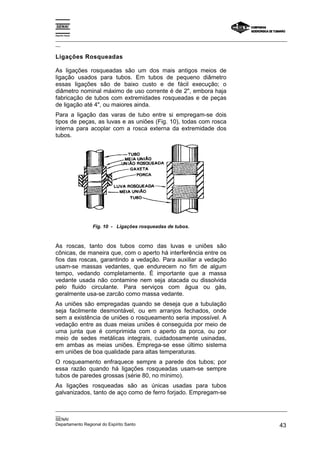 Espírito Santo

_________________________________________________________________________________________________
__

Ligações Rosqueadas

As ligações rosqueadas são um dos mais antigos meios de
ligação usados para tubos. Em tubos de pequeno diâmetro
essas ligações são de baixo custo e de fácil execução; o
diâmetro nominal máximo de uso corrente é de 2", embora haja
fabricação de tubos com extremidades rosqueadas e de peças
de ligação até 4", ou maiores ainda.
Para a ligação das varas de tubo entre si empregam-se dois
tipos de peças, as luvas e as uniões (Fig. 10), todas com rosca
interna para acoplar com a rosca externa da extremidade dos
tubos.




                 Fig. 10 - Ligações rosqueadas de tubos.



As roscas, tanto dos tubos como das luvas e uniões são
cônicas, de maneira que, com o aperto há interferência entre os
fios das roscas, garantindo a vedação. Para auxiliar a vedação
usam-se massas vedantes, que endurecem no fim de algum
tempo, vedando completamente. É importante que a massa
vedante usada não contamine nem seja atacada ou dissolvida
pelo fluido circulante. Para serviços com água ou gás,
geralmente usa-se zarcão como massa vedante.
As uniões são empregadas quando se deseja que a tubulação
seja facilmente desmontável, ou em arranjos fechados, onde
sem a existência de uniões o rosqueamento seria impossível. A
vedação entre as duas meias uniões é conseguida por meio de
uma junta que é comprimida com o aperto da porca, ou por
meio de sedes metálicas integrais, cuidadosamente usinadas,
em ambas as meias uniões. Emprega-se esse último sistema
em uniões de boa qualidade para altas temperaturas.
O rosqueamento enfraquece sempre a parede dos tubos; por
essa razão quando há ligações rosqueadas usam-se sempre
tubos de paredes grossas (série 80, no mínimo).
As ligações rosqueadas são as únicas usadas para tubos
galvanizados, tanto de aço como de ferro forjado. Empregam-se

_________________________________________________________________________________________________
__
SENAI
Departamento Regional do Espírito Santo                                                       43
 