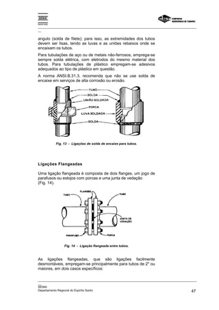 Espírito Santo

_________________________________________________________________________________________________
__

angulo (solda de filete); para isso, as extremidades dos tubos
devem ser lisas, tendo as luvas e as uniões rebaixos onde se
encaixam os tubos.
Para tubulações de aço ou de metais não-ferrosos, emprega-se
sempre solda elétrica, com eletrodos do mesmo material dos
tubos. Para tubulações de plástico empregam-se adesivos
adequados ao tipo de plástico em questão.
A norma ANSI.B.31.3, recomenda que não se use solda de
encaixe em serviços de alta corrosão ou erosão.




                 Fig. 13 - Ligações de solda de encaixe para tubos.




Ligações Flangeadas

Uma ligação flangeada é composta de dois flanges, um jogo de
parafusos ou estojos com porcas e uma junta de vedação
(Fig. 14).




                      Fig. 14 - Ligação flangeada entre tubos.



As ligações flangeadas, que são ligações facilmente
desmontáveis, empregam-se principalmente para tubos de 2" ou
maiores, em dois casos específicos:

_________________________________________________________________________________________________
__
SENAI
Departamento Regional do Espírito Santo                                                       47
 
