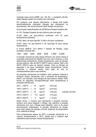 Espírito Santo

_________________________________________________________________________________________________
__

inspeção (veja norma ASME, sec. Vlll, Div. 1, parágrafo UA-46),
esses flanges podem ser aceitos sem restrições.
Em qualquer uma dessas alternativas, o flange terá seção
aproximadamente retangular (flanges tipo sobreposto ou
equivalente), não sendo possível obter flanges de pescoço.
As principais especificações da ASTM para flanges forjados são:
A- 181: Flanges forjados de aço-carbono para uso geral .
A-105: Idem, de aço-carbono                      acalmado   com    Si,   para
temperaturas elevadas.
A-182: Idem, de aços-liga Mo, Cr-Mo e de aços inoxidáveis.
A-351: Idem, de aço-carbono e de aços-liga Ni para baixas
temperaturas.
A norma ANSI.B .16.5 define 7 classes de flanges, cujas
pressões nominais são:
150#             300#   400#       600#   900#        1.500#      2.500#
A pressão nominal de cada classe (Primary non shock rating) é
a pressão admissível de trabalho (em psi), sem choques, a uma
determinada temperatura. Essas temperaturas, para os flanges
de aço-carbono, são de 260°C (500°F) para a classe 150#, e de
455°C (850°F) para as demais classes. Para os flanges de
aços-liga e de aços inoxidáveis essas temperaturas variam
conforme o material, sendo mais altas do que as
correspondentes para o aço-carbono.
As pressões admissíveis de trabalho, para qualquer material e
qualquer classe, decrescem com o aumento de temperatura.
Assim, por exemplo, para flanges de aço-carbono classe 150#,
temos as seguintes correspondências entre temperaturas e
pressões admissíveis:
                                             2
38°C (100°F)            — 19         kg/cm           (275 psi)
                                             2
150°C (300°F)           — 14         kg/cm           (210 psi)
                                             2
260°C (500°F)           — 10         kg/cm           (150 psi)       pressão nominal
                                             2
370°C (700°F)           —      7,5   kg/cm           (110 psi)
                                             2
480°C (900°F)           —      5     kg/cm           ( 70 psi).
Desta forma, o número que representa a pressão nominal,
embora sirva para designar o flange, não significa a pressão
admissível com que o flange pode trabalhar, como é às vezes
erroneamente interpretado. A pressão admissível do flange,
para cada classe de pressão nominal, depende da temperatura
e do material do flange.
Para temperaturas abaixo de 38°C a pressão admissível é a
mesma correspondente a 38°C, desde que o material seja
satisfatório para serviços nessas temperaturas.

_________________________________________________________________________________________________
__
SENAI
Departamento Regional do Espírito Santo                                                       53
 