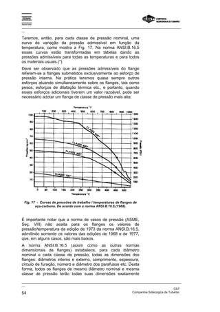 Espírito Santo

_________________________________________________________________________________________________
__

Teremos, então, para cada classe de pressão nominal, uma
curva de variação da pressão admissível em função da
temperatura, como mostra a Fig. 17. Na norma ANSI.B.16.5
essas curvas estão transformadas em tabelas dando as
pressões admissíveis para todas as temperaturas e para todos
os materiais usuais.(*)
Deve ser observado que as pressões admissíveis do flange
referem-se a flanges submetidos exclusivamente ao esforço de
pressão interna. Na prática teremos quase sempre outros
esforços atuando simultaneamente sobre os flanges, tais como
pesos, esforços de dilatação térmica etc., e portanto, quando
esses esforços adicionais tiverem um valor razoável, pode ser
necessário adotar um flange de classe de pressão mais alta.




   Fig. 17 - Curvas de pressões de trabalho / temperaturas de flanges de
          aço-carbono. De acordo com a norma ANSI.B.16.5 (1968).



É importante notar que a norma de vasos de pressão (ASME,
Seç. VIII) não aceita para os flanges os valores de
pressão/temperatura da edição de 1973 da norma ANSI.B.16.5,
admitindo somente os valores das edições de 1968 e de 1977,
que, em alguns casos, são mais baixos.
A norma ANSI.B.16.5 (assim como as outras normas
dimensionais de flanges) estabelece, para cada diâmetro
nominal e cada classe de pressão, todas as dimensões dos
flanges: diâmetros interno e externo, comprimento, espessura,
círculo de furação, número e diâmetro dos parafusos etc. Desta
forma, todos os flanges de mesmo diâmetro nominal e mesma
classe de pressão terão todas suas dimensões exatamente
_________________________________________________________________________________________________
__
                                                                                               CST
54                                                                 Companhia Siderúrgica de Tubarão
 
